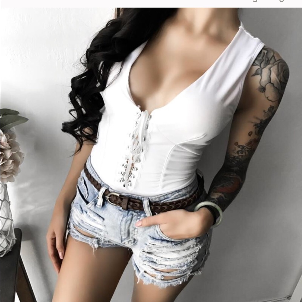 White lace up bodysuit  NWOT L